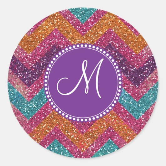 Monogramm Glitzer Zickzack rosa Lila orange Aquama Runder Aufkleber (Vorderseite)