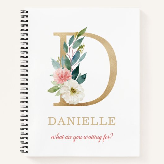 Monogramm Gold Buchstabe D | Florales Motto oder Z Notizblock (Vorderseite)