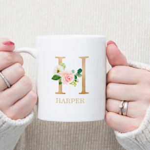 Monogramm Gold Buchstabe H Floral Pink Weiß Grün Kaffeetasse