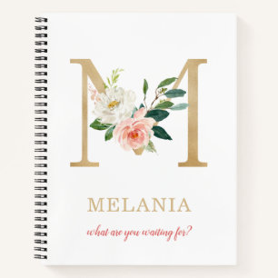 Monogramm Gold Buchstabe M Florales Motto oder Z Notizblock