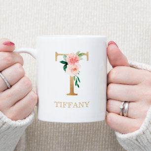 Monogramm Gold Buchstabe T Floral Pink Weiß Grün Kaffeetasse