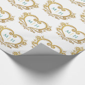 Monogramm Gold dunkelgrün auf weißer Hochzeit Geschenkpapier (Ecke)