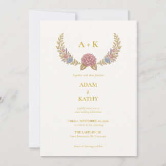Monogramm Gold Floraler Kranz Hochzeitseinladung Einladung
