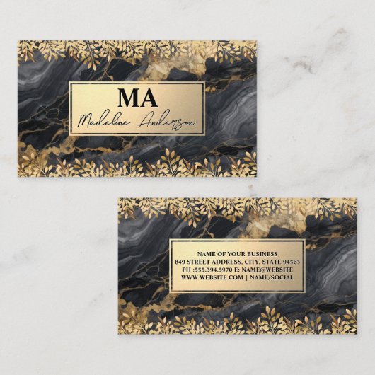 Monogramm | Gold Foil Blätter | Schwarzer Marmor Visitenkarte (Vorne/Hinten)