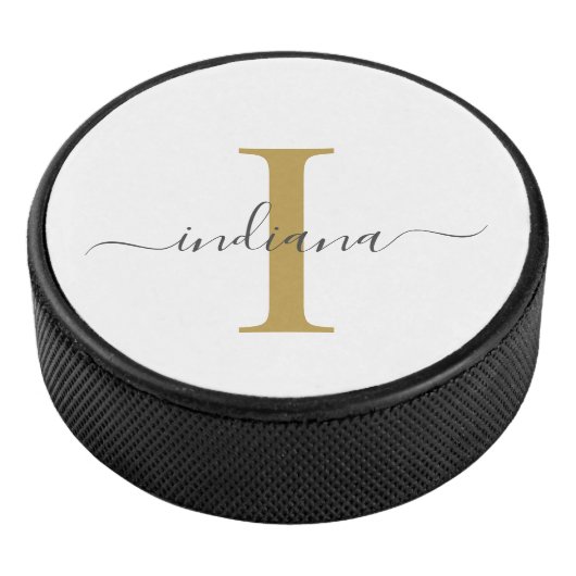 Monogramm Gold Grau Script Name Moderne Typografie Eishockey Puck (3/4)