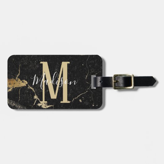 Monogramm Gold Schwarz Marmor Gepäckanhänger (Vorderseite horizontal)