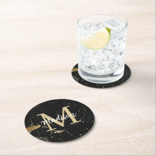 Monogramm Gold Schwarz Marmor Runder Pappuntersetzer
