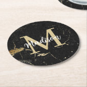 Monogramm Gold Schwarz Marmor Runder Pappuntersetzer (Angewinkelt)