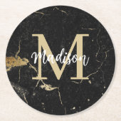 Monogramm Gold Schwarz Marmor Runder Pappuntersetzer (Vorderseite)