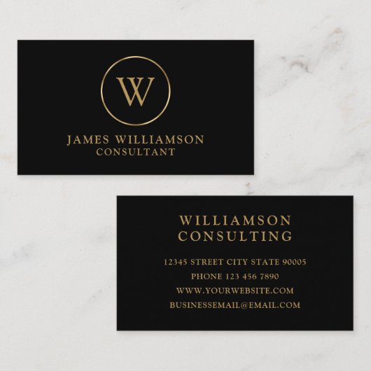 Monogramm Gold Schwarz Visitenkarte (Vorne/Hinten)