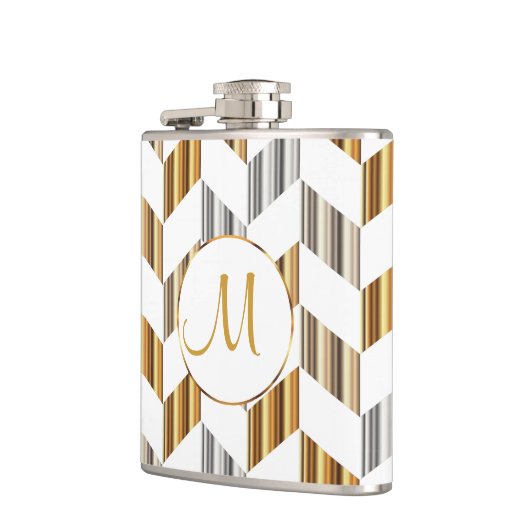 Monogramm - Gold, Silber u. weißer Zickzack Flachmann (Links)