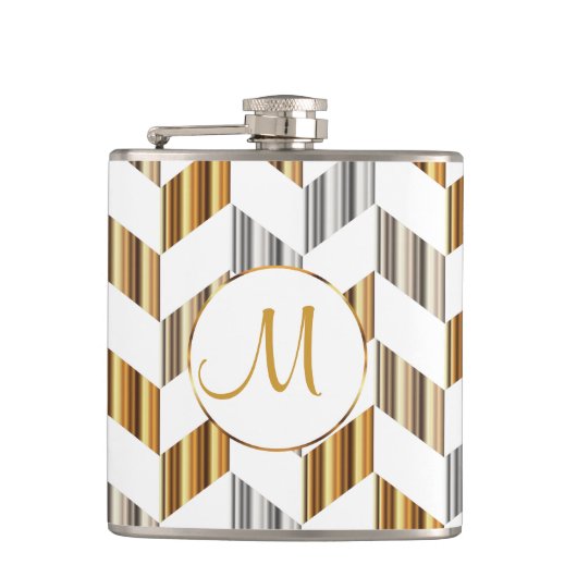 Monogramm - Gold, Silber u. weißer Zickzack Flachmann (Vorderseite)