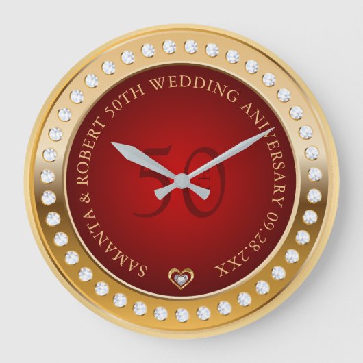 Monogramm Gold und Red White Diamonds Große Wanduhr (Vorderseite)