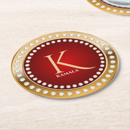 Monogramm Gold und Red White Diamonds Runder Pappuntersetzer (Angewinkelt)