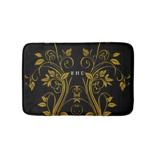 Monogramm Gold und Schwarz Blütenwirbel Badematte (Vorderseite)