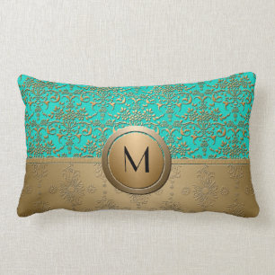 Monogramm Gold und Türkis Grün Damast Lendenkissen