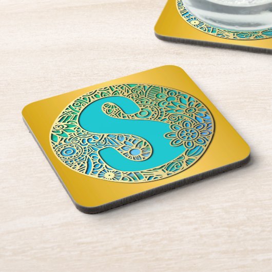 Monogramm Gold und Türkis S und farbenfrohe Blume Getränkeuntersetzer (Linke Seite)