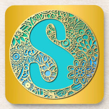 Monogramm Gold und Türkis S und farbenfrohe Blume