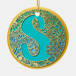 Monogramm Gold und Türkis S und farbenfrohe Blume Keramik Ornament