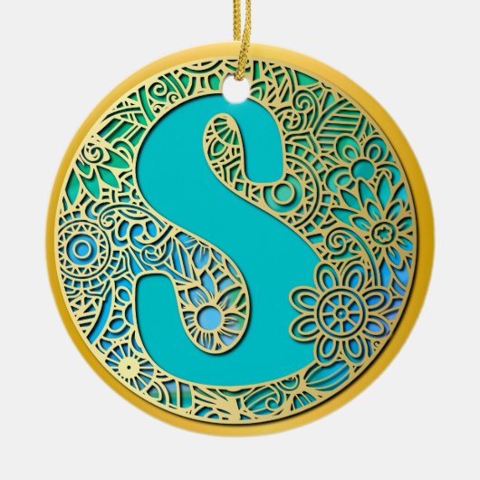 Monogramm Gold und Türkis S und farbenfrohe Blume Keramik Ornament (Vorne)
