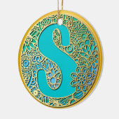 Monogramm Gold und Türkis S und farbenfrohe Blume Keramik Ornament (Links)