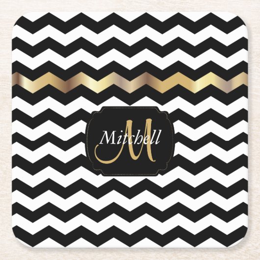 Monogramm Gold, Weiß und Schwarz Zickzack Rechteckiger Pappuntersetzer (Vorderseite)