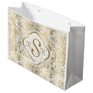 Monogramm Gold & Weiß Vintage Paisley-Muster Große Geschenktüte