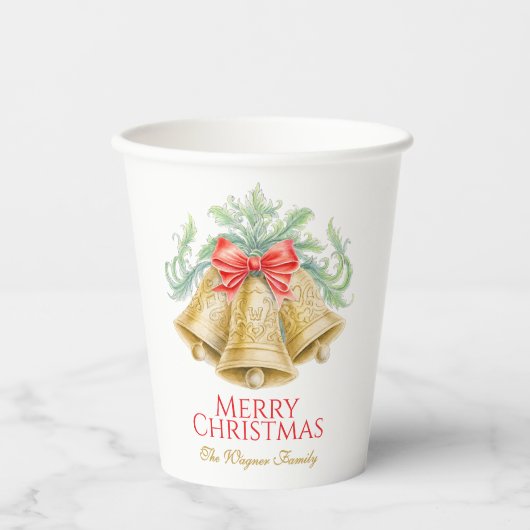 Monogramm goldene Glocken Roter Bug Weihnachten Pa Pappbecher (Vorderseite)