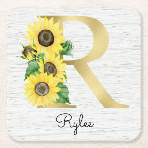 Monogramm Goldene Sonnenblume Mädchenhaft Florales Rechteckiger Pappuntersetzer