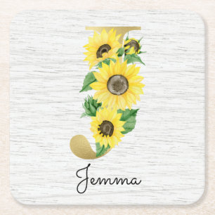 Monogramm Goldene Sonnenblume Mädchenhaft Florales Rechteckiger Pappuntersetzer