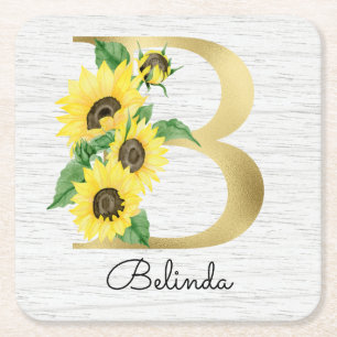 Monogramm Goldene Sonnenblume Mädchenhaft Florales Rechteckiger Pappuntersetzer