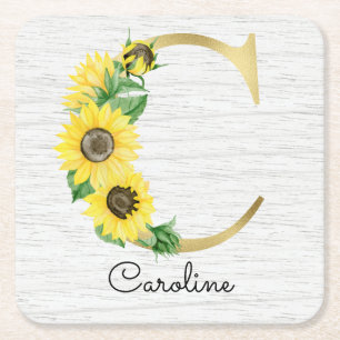 Monogramm Goldene Sonnenblume Weiblich Floral Anfa Rechteckiger Pappuntersetzer