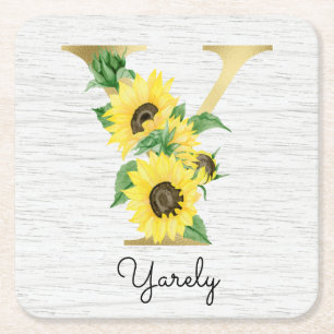 Monogramm Goldene Sonnenblume Weiblich Floral Init Rechteckiger Pappuntersetzer