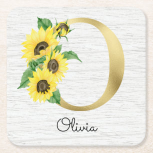 Monogramm Goldene Sonnenblume Weiblich Floral Init Rechteckiger Pappuntersetzer