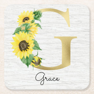 Monogramm Goldene Sonnenblume Weiblich Floral Init Rechteckiger Pappuntersetzer