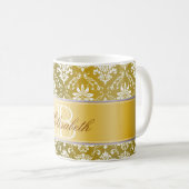 Monogramm-goldener gelber und weißer Damast Kaffeetasse (VorderseiteRechts)
