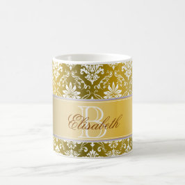 Monogramm-goldener gelber und weißer Damast Kaffeetasse