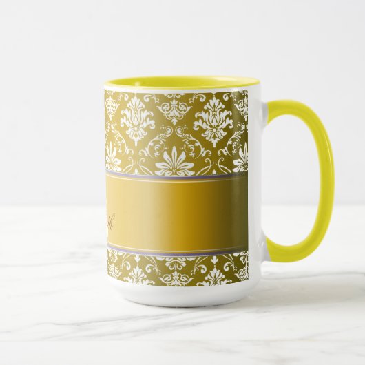Monogramm-goldener gelber und weißer Damast Tasse (Rechts)