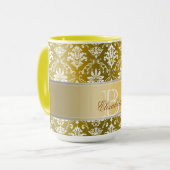 Monogramm-goldener gelber und weißer Damast Tasse (Vorderseite Links)