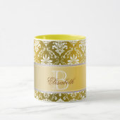 Monogramm-goldener gelber und weißer Damast Tasse (Zentrum)