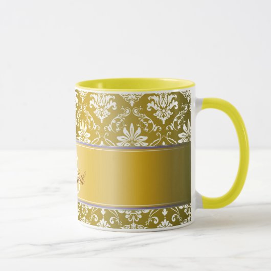 Monogramm-goldener gelber und weißer Damast Tasse (Rechts)