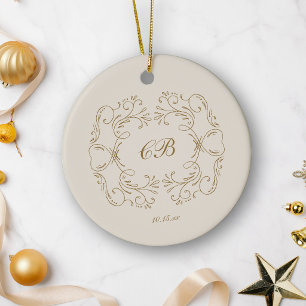 Monogramm Goldflorierender Kranz Hochzeitsdatum El Keramik Ornament