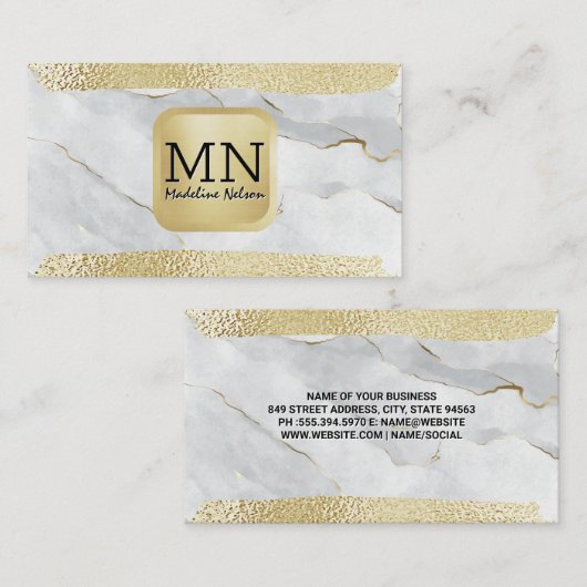 Monogramm | Goldfolie gebürstet | Marmorweiß Visitenkarte (Vorne/Hinten)