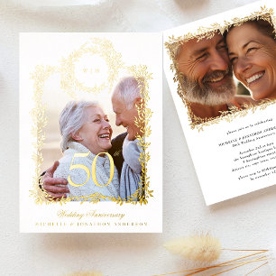 Monogramm Goldkranz 50. Hochzeitstag Folieneinladung