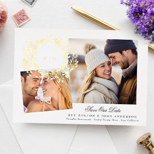 Monogramm Goldkranz Collage Foto Save The Date Folieneinladung