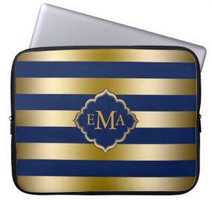 Monogramm Goldtöne & dunkelblaue Streifenmuster Laptopschutzhülle