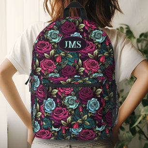 Monogramm Gothic-Rosen-Rosa-Lila- und Blaue Blumen Bedruckter Rucksack