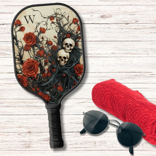 Monogramm gotische Rote Rosen und Skulls Pickleball Schläger