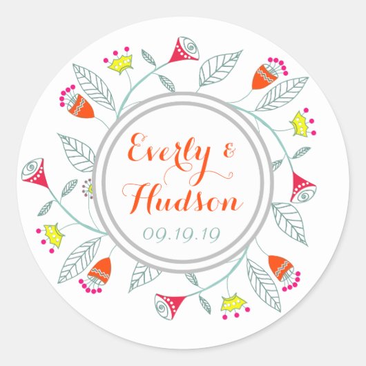 Monogramm Grau Aquamarin Gelb Rosa Modernes Garlan Runder Aufkleber (Vorderseite)