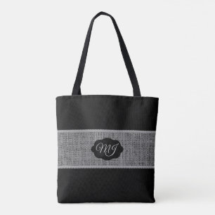 Monogramm Grau Burlap auf Schwarz Tasche